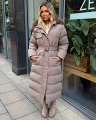 Chantel Long Padded Faux Fur Hooded Coat - Taupe