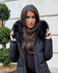 Keke Long Quilted Faux Fur Hood Coat- Black