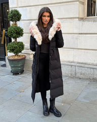 Mia Faux Fur Pull in Waist Long Padded Coat - Black/Beige