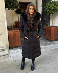 Mia Faux Fur Pull in Waist Long Padded Coat - Black