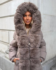 Olivia  Long Hooded Coat with Faux Fur Hood & Elegant Faux Front Fur Trim- Taupe