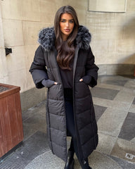 Helena Long Padded Coat with Faux Fur Detail Hood - Black