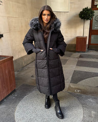 Helena Long Padded Coat with Faux Fur Detail Hood - Black