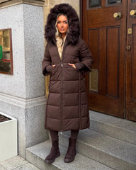 Helena Long Padded Coat with Faux Fur Detail Hood - Chocolate