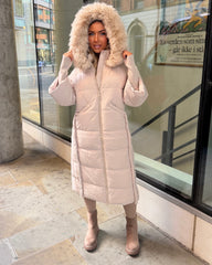 Helena Long Padded Coat with Faux Fur Detail Hood - Beige