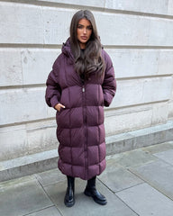 Naomi Padded Ruched Arm Detail Long Duvet Coat - Plum
