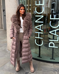 Arielle Long Padded Coat with Faux Fur Trim Hood - Taupe