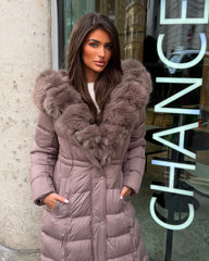 Arielle Long Padded Coat with Faux Fur Trim Hood - Taupe