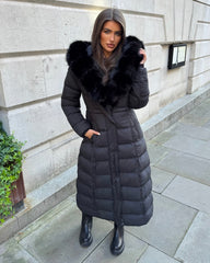 Arielle Long Padded Coat with Faux Fur Trim Hood - Black