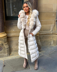 Arielle Long Padded Coat with Faux Fur Trim Hood - Beige
