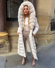 Arielle Long Padded Coat with Faux Fur Trim Hood - Beige