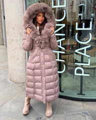 Arielle Long Padded Coat with Faux Fur Trim Hood - Taupe