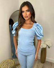 Saskia Silk Puff Sleeve Ribbed Lounge set - Sky Blue