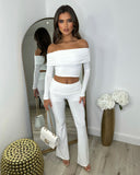 Cassie Slinky Bardot Fold-over Trouser Set - White