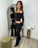 Cassie Slinky Bardot Fold-over Trouser Set - Black