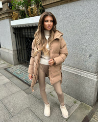 Arabella Hooded Short Padded Tie Waist Coat- Camel