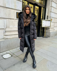 Keke Long Quilted Faux Fur Hood Coat- Black