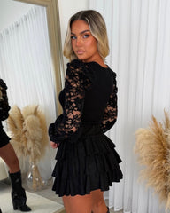 Elowen Suede Ruffle Skirt - Black