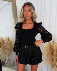 Elowen Suede Ruffle Skirt - Black