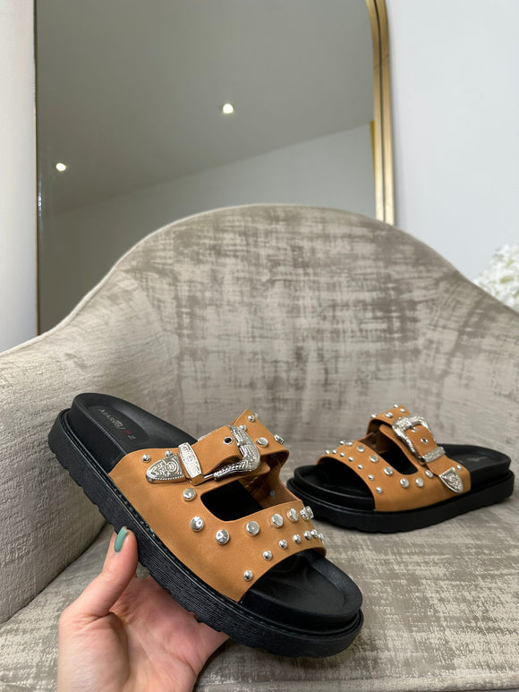 Fion Sliver Chunky Buckle Double Strap Sandal - Camel