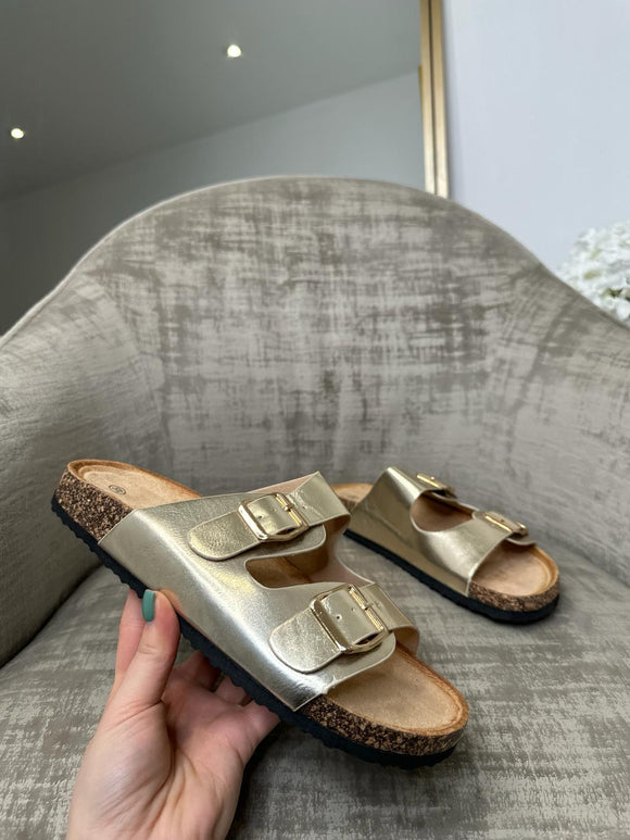 Selena Double Gold Buckle Sandals - Gold