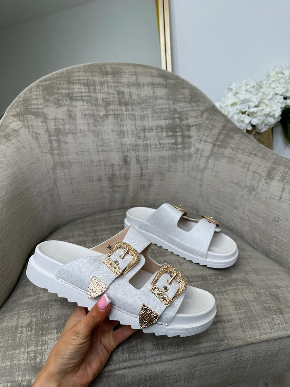 Harriet Double Strap Gold Buckle Sandals - White