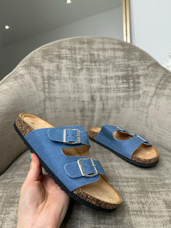 Bonnie Double Buckle Slip-On Sandals - Denim Blue