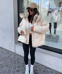 Phoebe Oversized Quilted Bomber Jacket with Hood - Beige