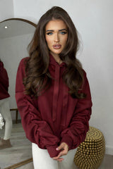 Rachael Ruched Sleeve Hoodie with Ribbon Detail - Wine