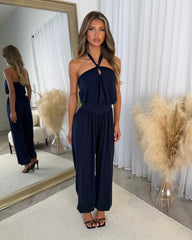 Sydney Halter Neck Elasticated Waist Cuffed Leg Jumpsuit - Black
