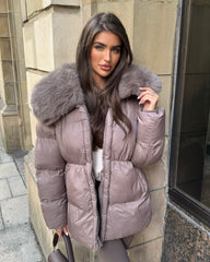 Aveline Hooded Faux Fur Trim Jacket - Taupe