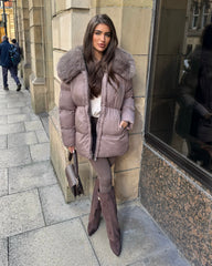 Aveline Hooded Faux Fur Trim Jacket - Taupe