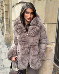 Colette Hooded Coat with Faux Fur Front & Cuffs- Taupe