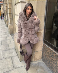 Colette Hooded Coat with Faux Fur Front & Cuffs- Taupe