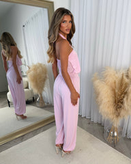 Sydney Halter Neck Elasticated Waist Cuffed Leg Jumpsuit - Pink
