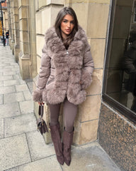 Colette Hooded Coat with Faux Fur Front & Cuffs- Taupe