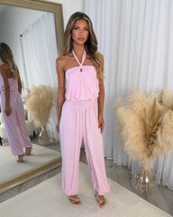 Sydney Halter Neck Elasticated Waist Cuffed Leg Jumpsuit - Pink