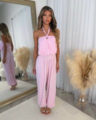 Sydney Halter Neck Elasticated Waist Cuffed Leg Jumpsuit - Pink