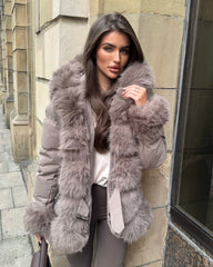 Colette Hooded Coat with Faux Fur Front & Cuffs- Taupe