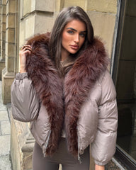 Celeste Hooded Padded Bomber Jacket with Faux Fur Trim - Taupe