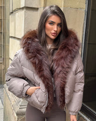 Celeste Hooded Padded Bomber Jacket with Faux Fur Trim - Taupe