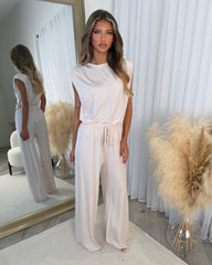 Leanne Round Neck Top with Shoulder Pads & Straight Leg Trouser Set - Beige