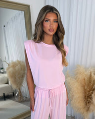 Leanne Round Neck Top with Shoulder Pads & Straight Leg Trouser Set - Pink