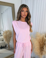 Leanne Round Neck Top with Shoulder Pads & Straight Leg Trouser Set - Pink
