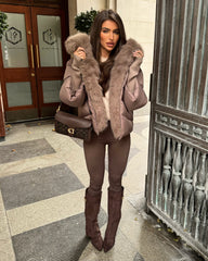 Ruby Hooded Padded Coat with Faux Fur Trim - Taupe