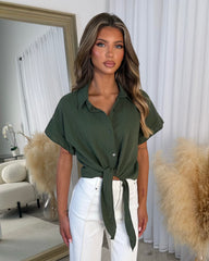 Fiona Tie Front Cheesecloth Shirt - Khaki