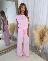 Leanne Round Neck Top with Shoulder Pads & Straight Leg Trouser Set - Pink