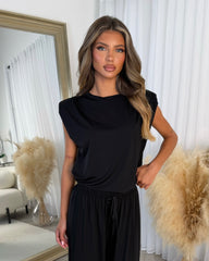 Leanne Round Neck Top with Shoulder Pads & Straight Leg Trouser Set - Black