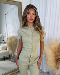 Elsie Short Sleeve Button Top & Trouser Co-ord Set - Sage Green
