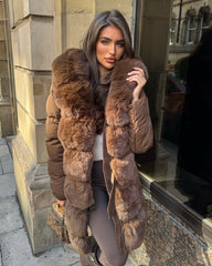 Hayley Faux Fur Belted Padded Coat - Chocolate